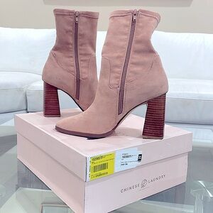 NEW Chinese Laundry 7.5 blush pink tan suede square toe zipper ankle boots NIB